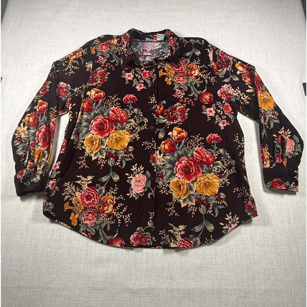 Cabin Creek Womens XL Corduroy Floral Button Down Shirt Long Sleeve Brown Cotton